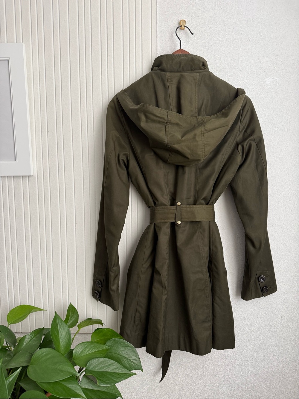 Olive Green Belted Trench Coat with Hood - Picture 7 of 7